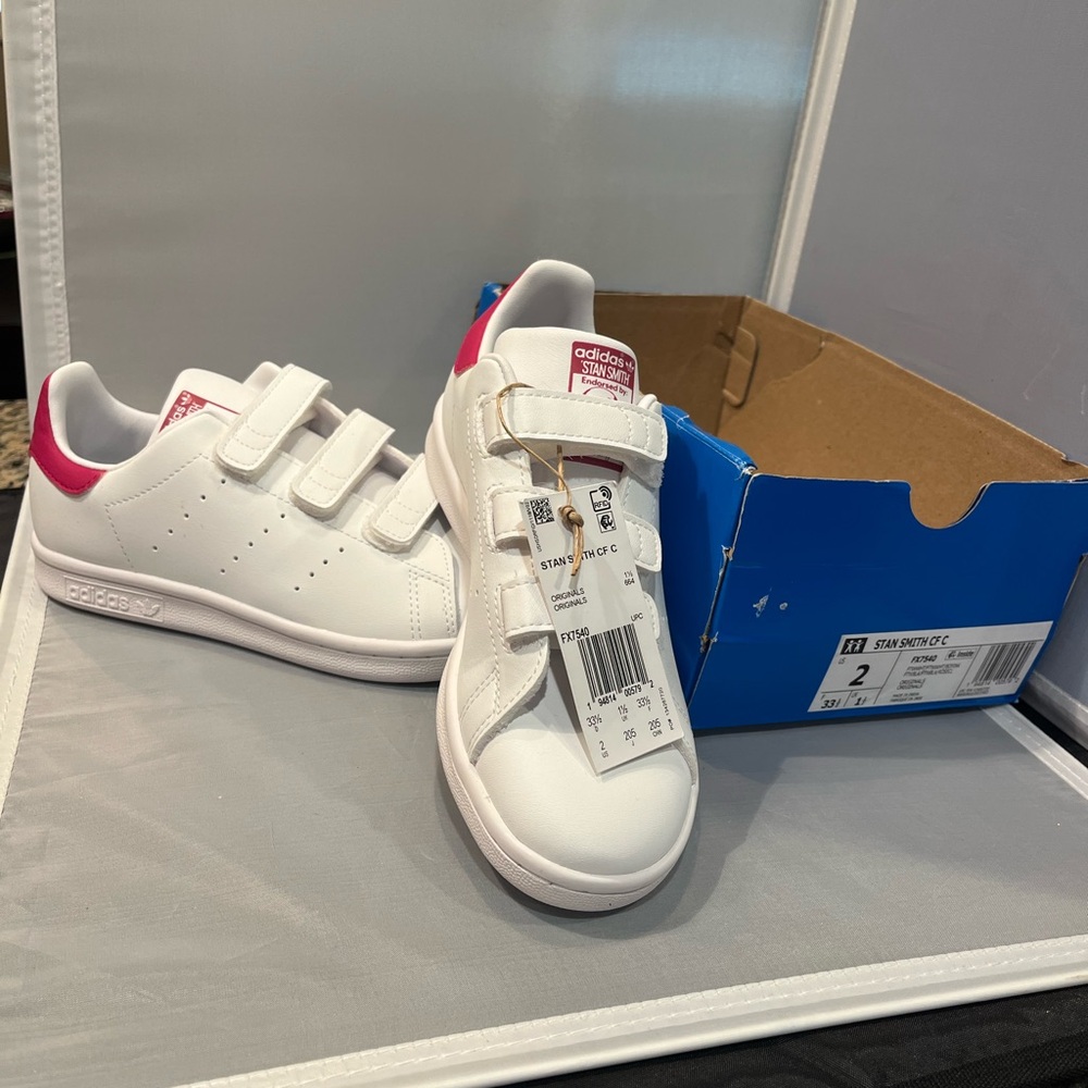 NIB Adidas Sz 2 Kids Pink Stan Smith Comfort Closure Velcro Sneaker Shoes R $70! - Picture 6 of 14